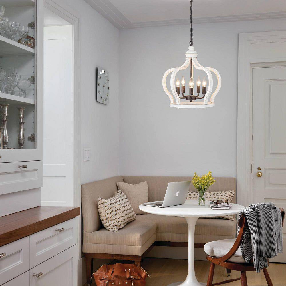 5-Light Vintage White Cottage Chic Crown Chandelier Farmhouse Wooden Pendant