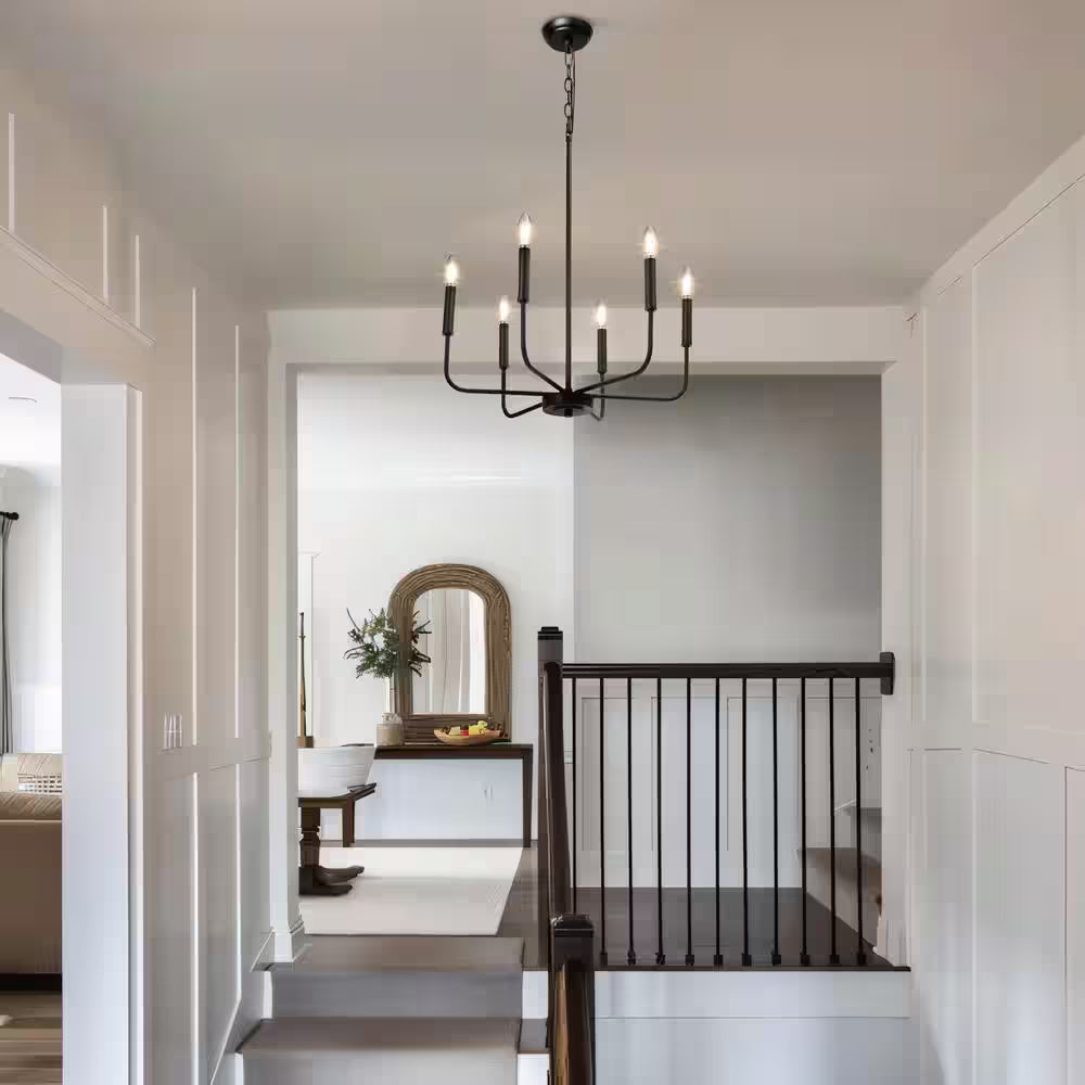 Industrial 6-Light Black Chandelier Classic Candlestick Island Light for Living Room, Kitchen Island, and Studio