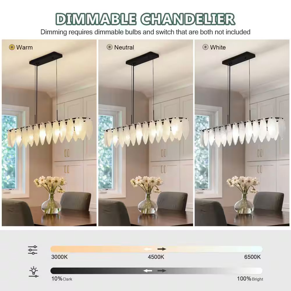 5-Light Black and Frosted Glass Leaf Linear Chandelier for Kitchen Island Dining Bedroom Living Room Foyer