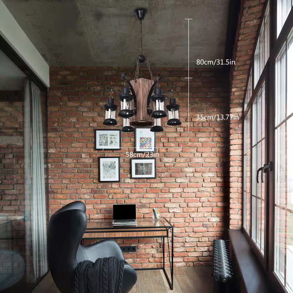 23 In. 6-Light Black Retro Rustic Wooden Chandelier for Dining Room, No Bulbs Included