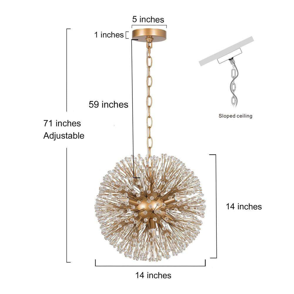 6 Light Sputnik Brass Dimmable Globe Ball Chandelier with Crystal Beaded