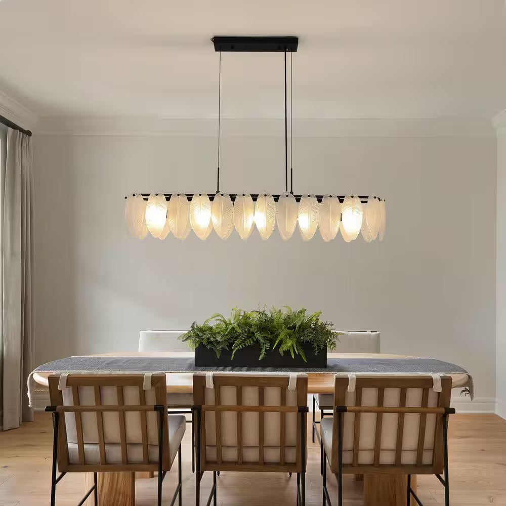 5-Light Black and Frosted Glass Leaf Linear Chandelier for Kitchen Island Dining Bedroom Living Room Foyer