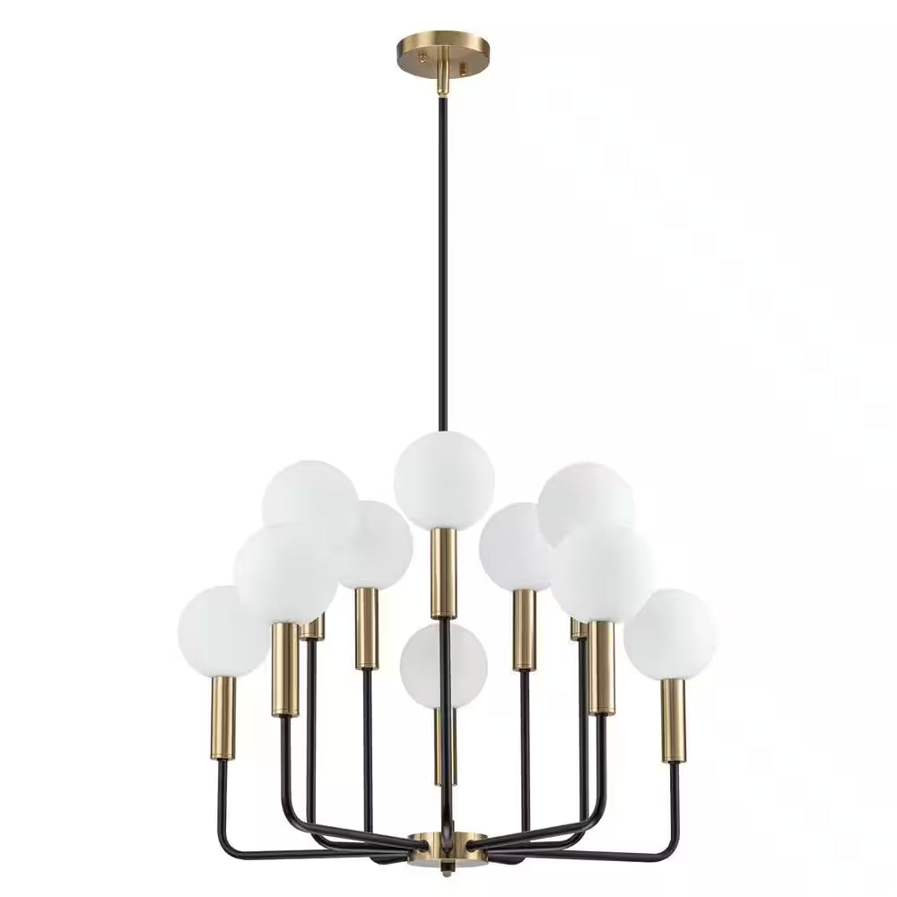 Aaron 10-Light Modern Transitional Black and Gold Uplight Frosted Glass Globe Chandelier