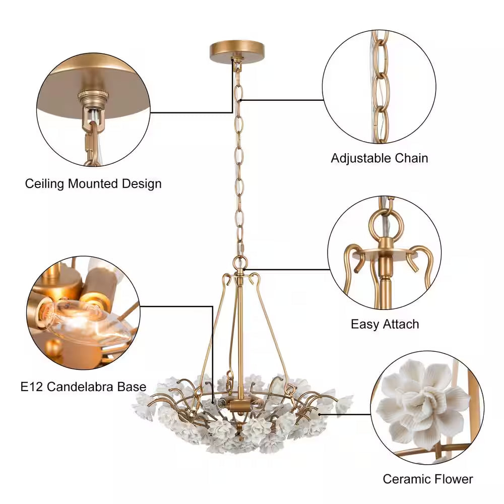Modern Brass Gold Island Chandelier Light 3-Light round Chandelier Light with Ceramic Flowers
