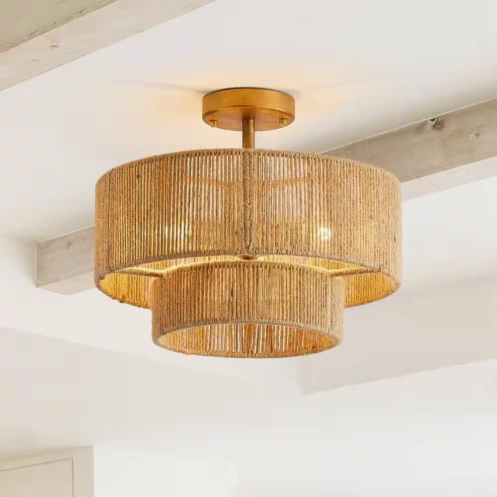 15.4 In. 3-Light Bohemian Antique Gold Two-Tier Drum Semi- Flush Mount with Natural Jute Rope Shade