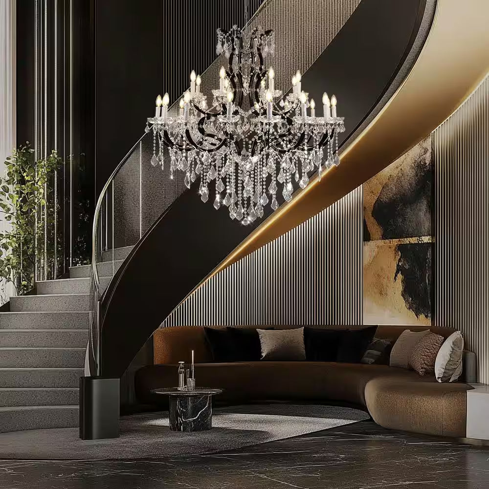 Candle Chandelier 49 In. 24-Lights Black Luxury Crystal Chandelier for Dinning Room, Living Room,Foyer,Bedroom,Staircase