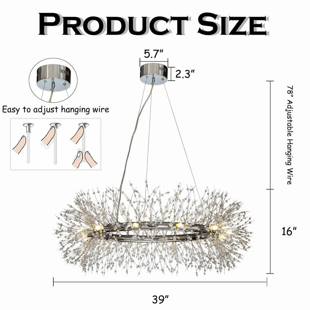 39 In. 12-Light Modern Firework Chrome Crystal Chandelier Glam round Pendant Light for Dining Room (No Bulbs Included)