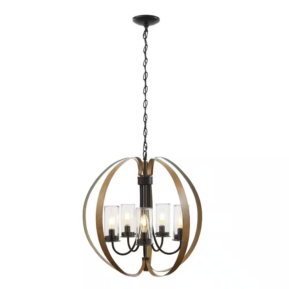 Ellena 5-Light Matte Black and Maple Tone Outdoor Chandelier with Seedy Glass