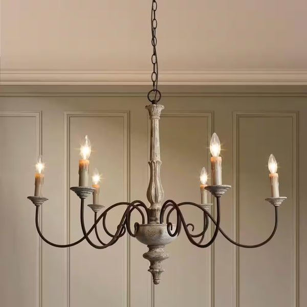 37 In. W Wood Candlestick Chandelier 6-Light Distressed White Farmhouse Chandelier Living Room with French Country Flair
