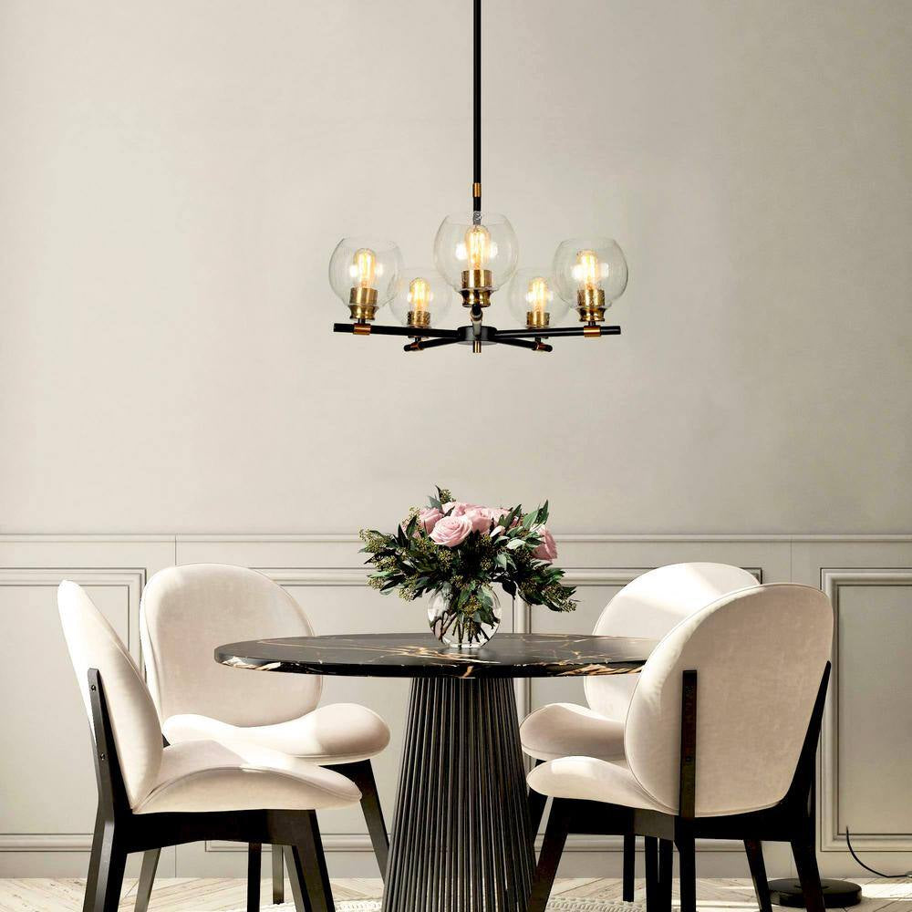 Transitional Sputnik Dining Room Chandelier 5-Light Modern Black and Gold Candle Chandelier with Seeded Glass Shades