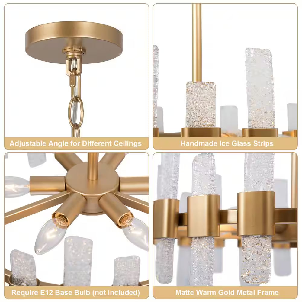 Mid-Century Modern Gold Kitchen Island Chandelier, 6-Light Glam Dining Room Ceiling Light with Icing Glass Strips
