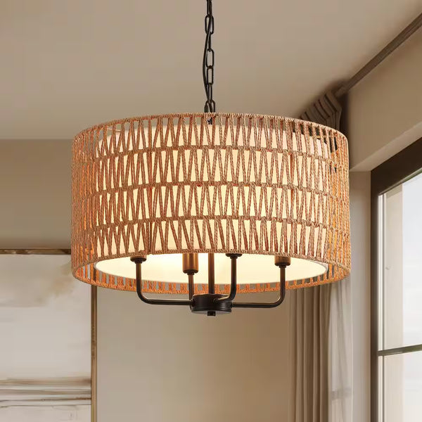 19.7 In. 4-Light Rattan Yellow Bohemin Chandelier for Foyer Dining Room