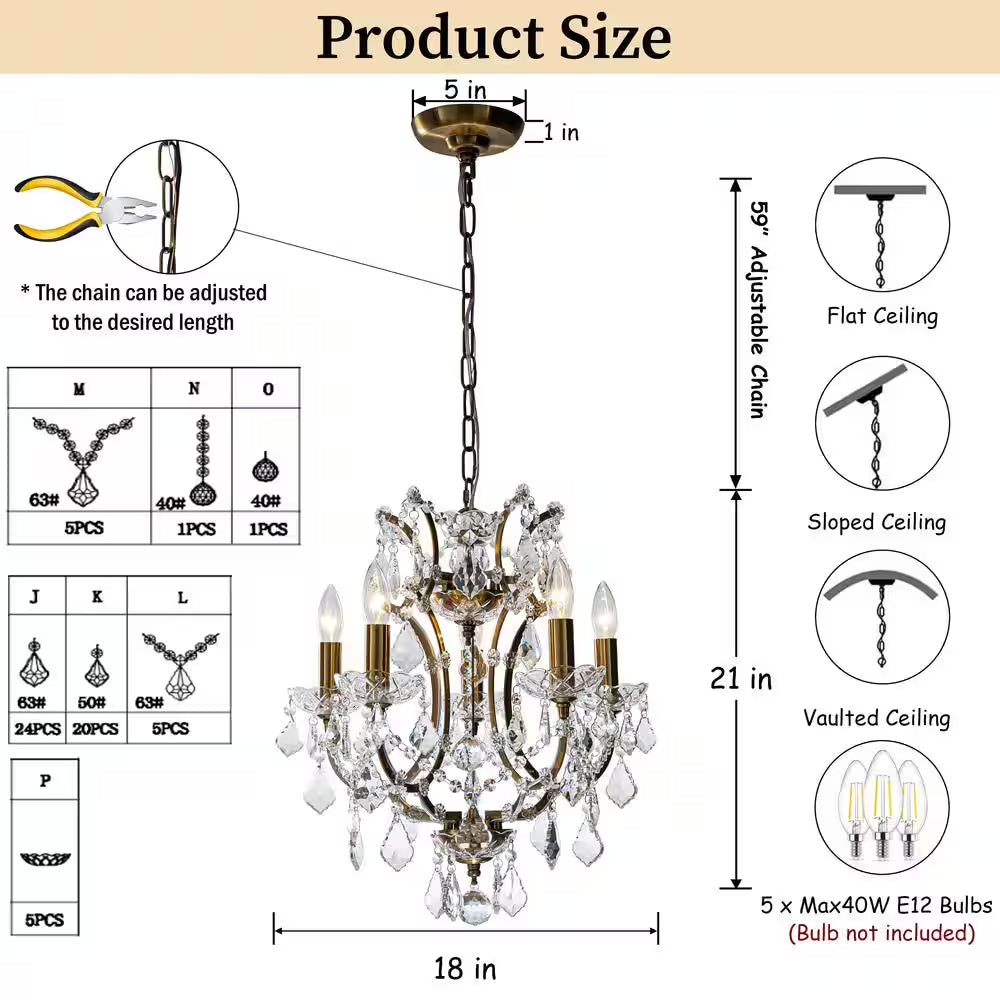 18 In. 5-Light Antique Gold Classic/Traditional Crystal Chandelier Glam Lighting Fixture