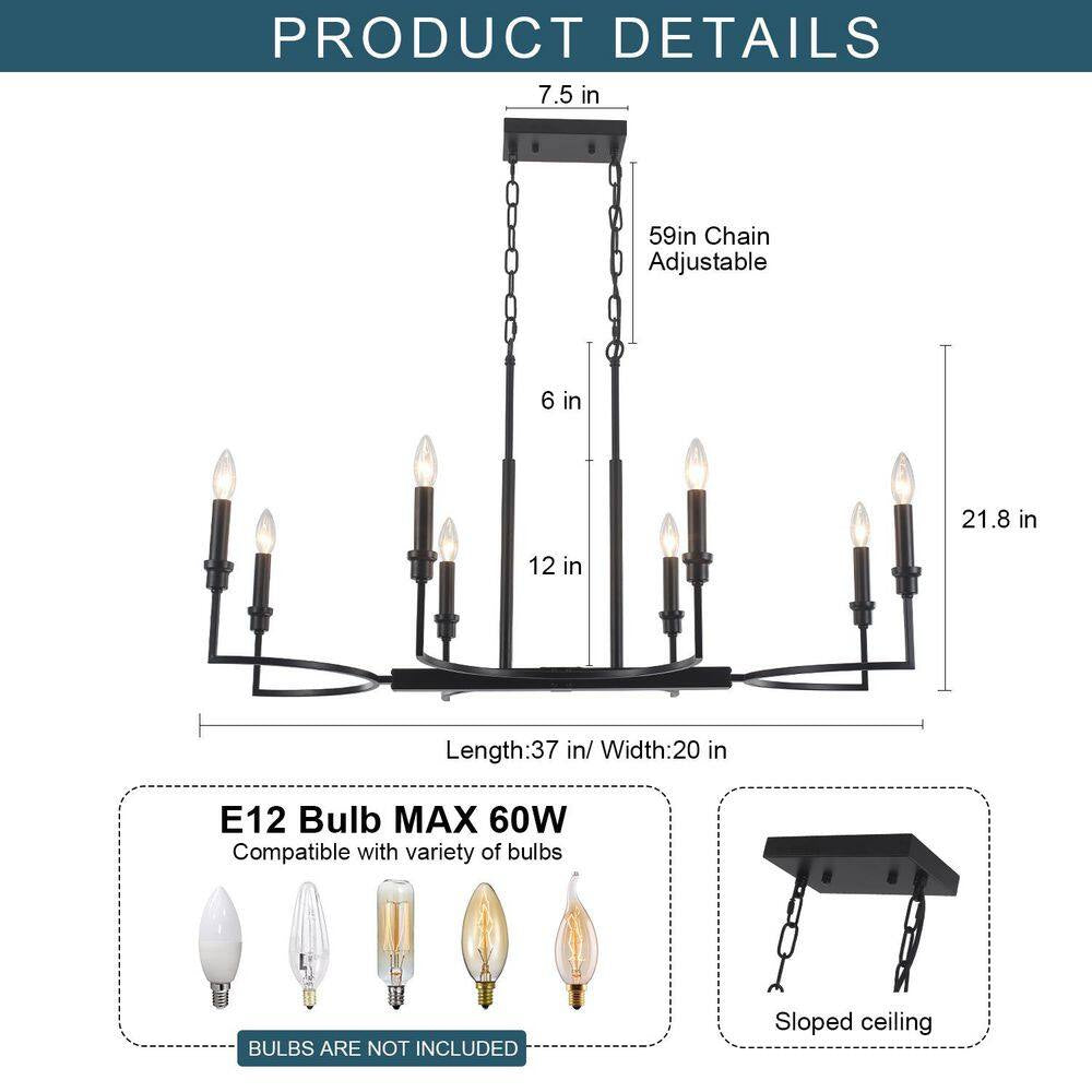 Industrial 8-Light Black Linear Classic-Candle-Style Chandelier for Kitchen Island with No Bulbs Included