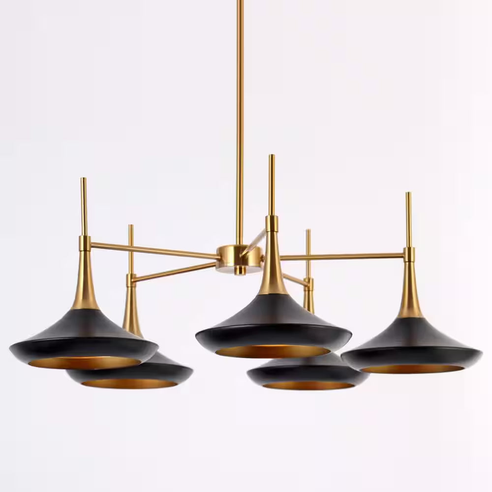 Contemporary Black Mid Century Chandelier with Metal Barn Shades Plating Brass/Gold Accent 5-Light Modern Large Pendant