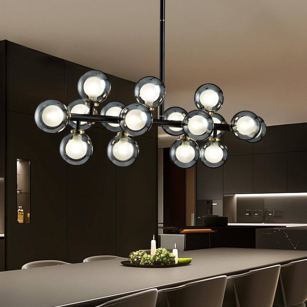 40 In. 16-Light Modern Black Dimmable Bubble Glass Sputnik Glass Globe Chandelier for Dining Room and Living Room