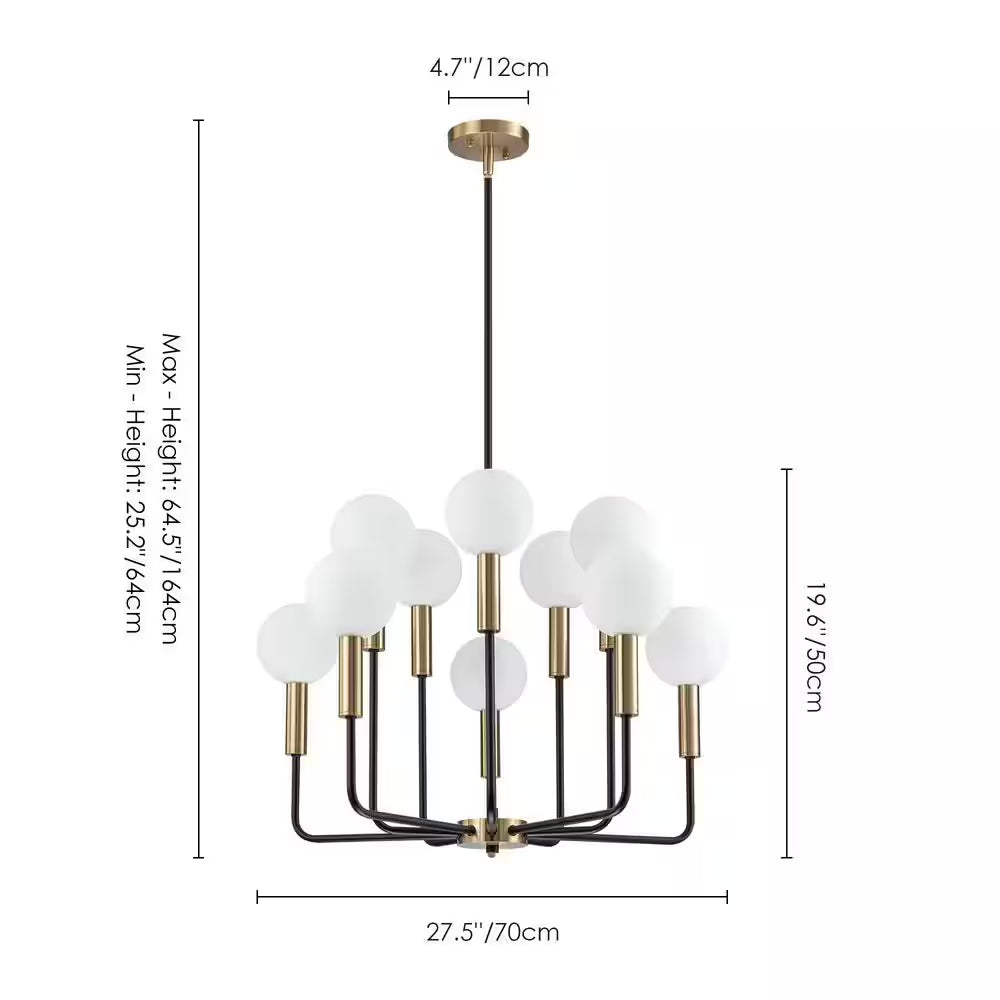Aaron 10-Light Modern Transitional Black and Gold Uplight Frosted Glass Globe Chandelier