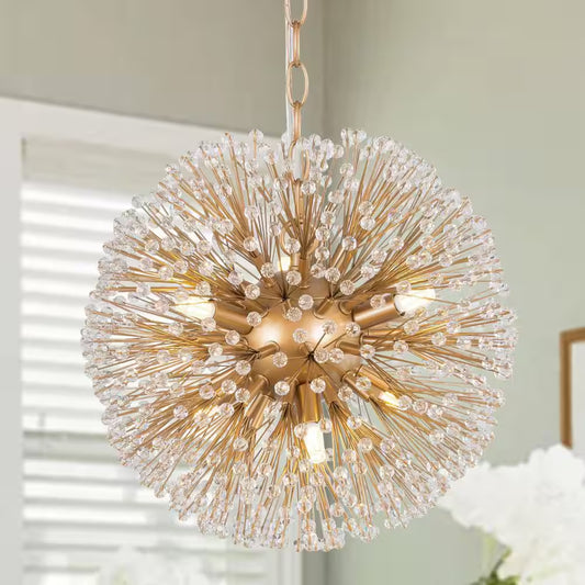 6 Light Sputnik Brass Dimmable Globe Ball Chandelier with Crystal Beaded