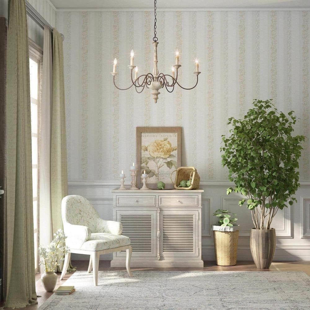 37 In. W Wood Candlestick Chandelier 6-Light Distressed White Farmhouse Chandelier Living Room with French Country Flair