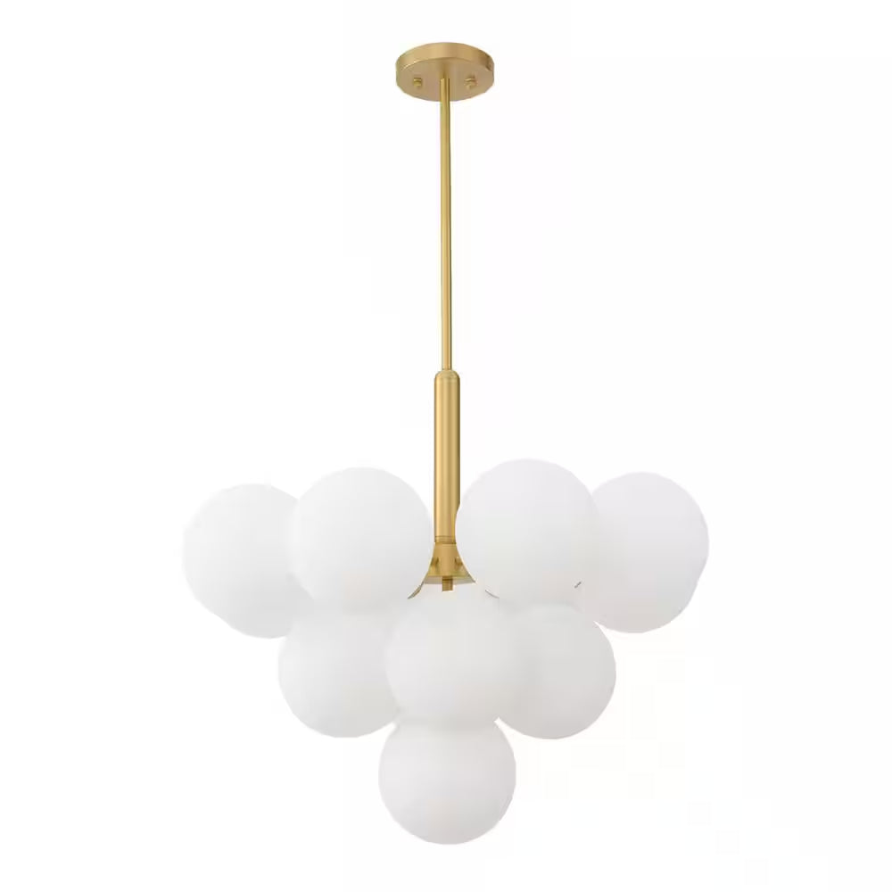 13-Light Brass Mid Century Modern Bubble Globe Chandelier Cluster Pendant Lighting Fixture with Milk White Glass Shade