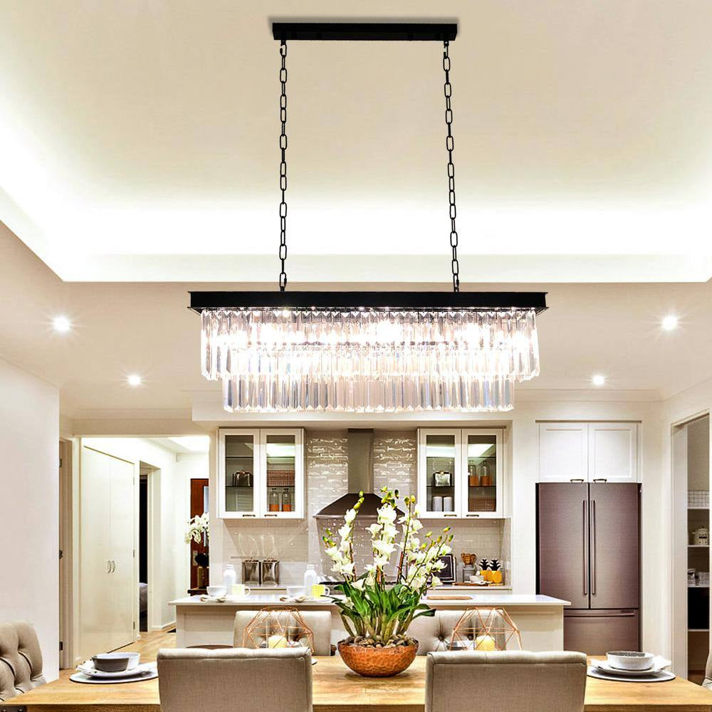 Modern 8-Light Rectangle Black Crystal Chandelier for Dinning Room