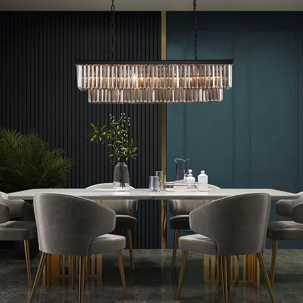 47 In. 8-Light Black and Smoke Crystal Chandelier Modern Dining Room Pendant Lighting