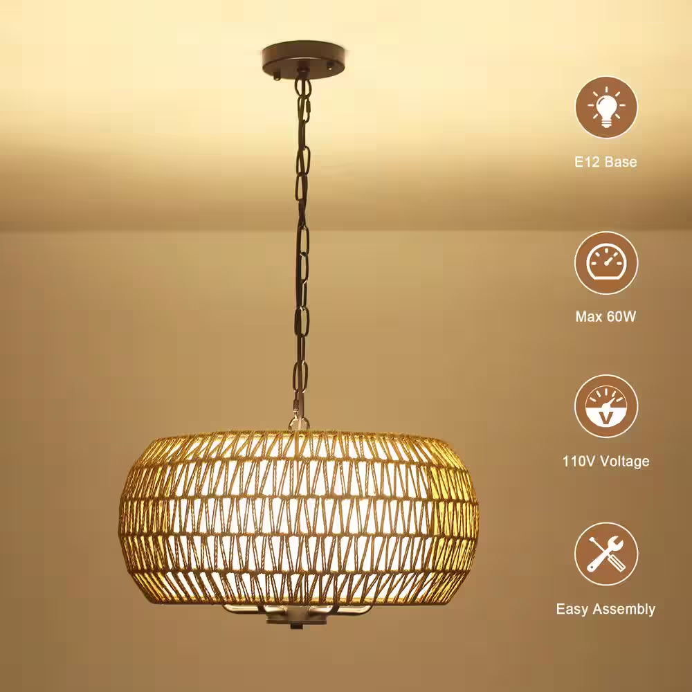 6-Light Black Bohemian Drum Chandelier with Straw Woven Shade for Kitchen Island