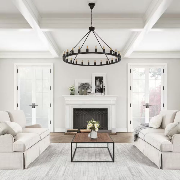 Industrial 24-Light Vintage Black Wagon Wheel Chandelier
