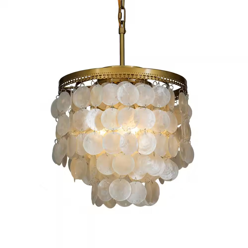 3-Light 13 In. Small Coastal Seashell Chandelier in Paintd Brass Farmhouse Pendant Light for Dining Room
