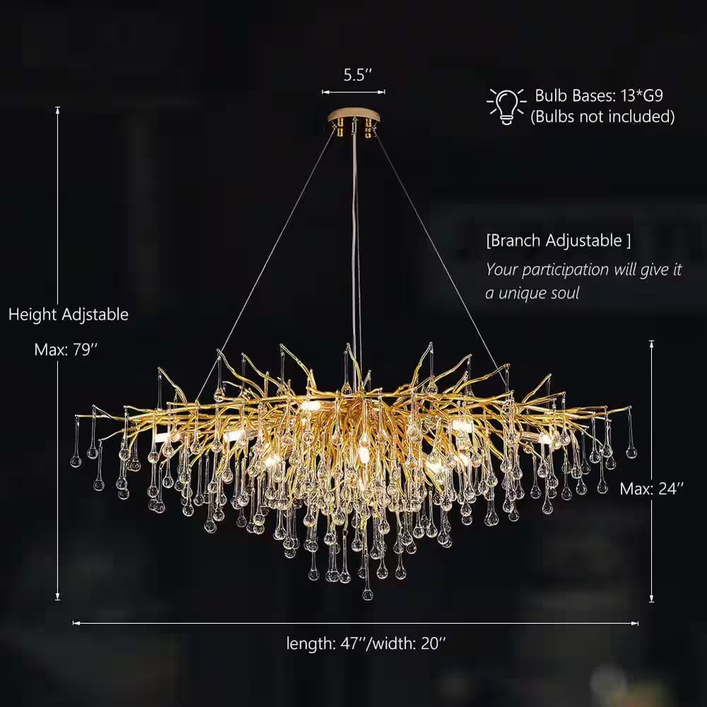 Modern Chandelier 47 In. 13-Lights Gold Luxury Crystal Globe Linear Chandelier for Dining Room, Kitchen Island, Foyer