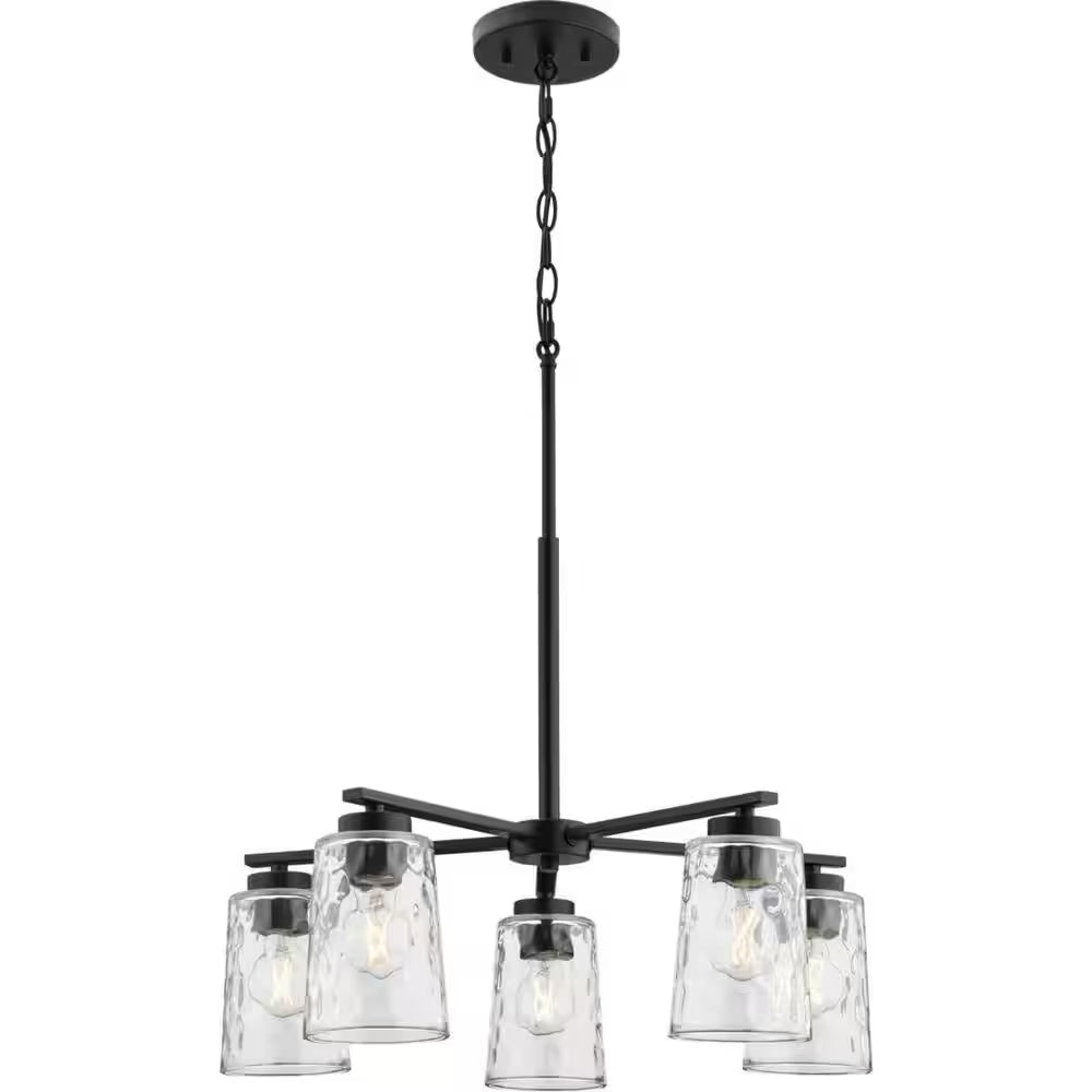 Mauzy Collection 5-Light Matte Black Transitional Chandelier with Clear Water Glass Shade for Dining Room