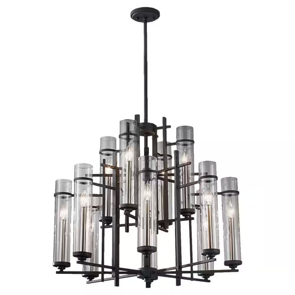 Ethan 12-Light Antique Forged Iron/Brushed Steel Contemporary Industrial Multi-Tier Hanging Candlestick Chandelier