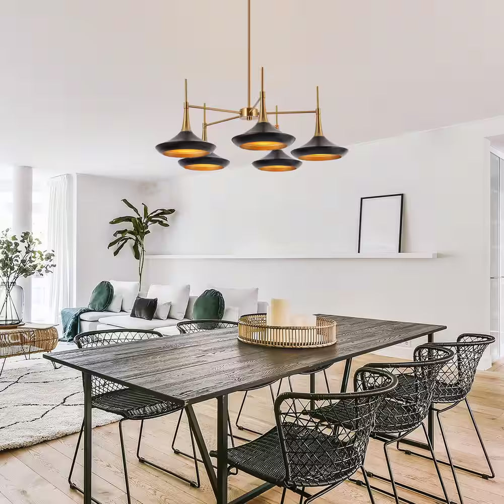 Contemporary Black Mid Century Chandelier with Metal Barn Shades Plating Brass/Gold Accent 5-Light Modern Large Pendant