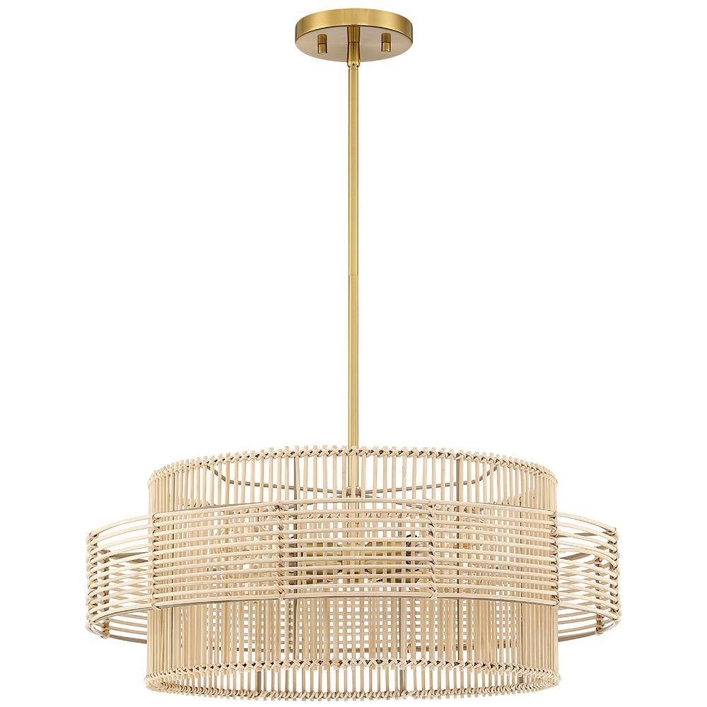 Saturn 22 In. 4-Light Brass Modern Bohemian Chandelier with Natural Rattan Shade