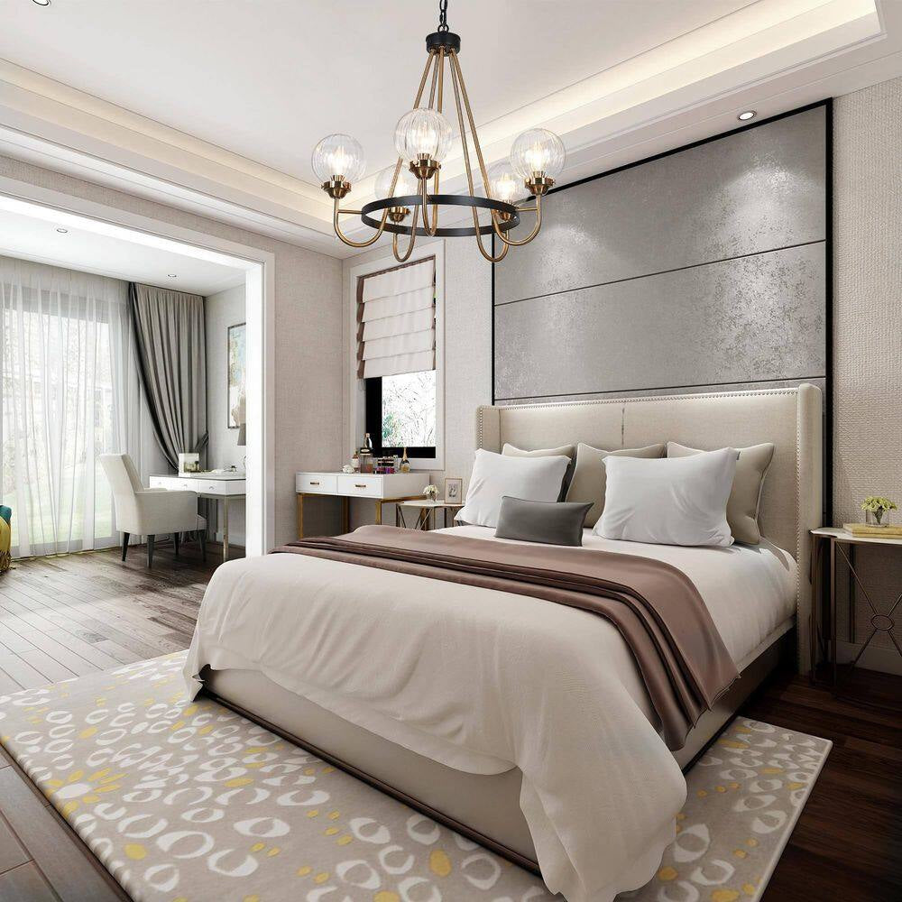 5-Light Brass Chandelier Lighting, Sputnik Pendant Lights for Kitchen Island, Modern Black Chandelier with round Glasses