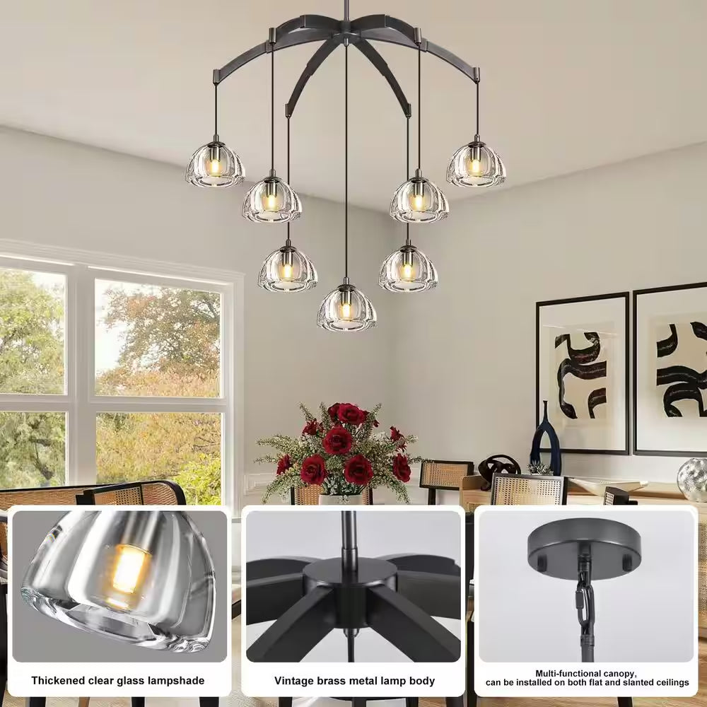 7 Light Hemisphere round Chandelier, 34 In. Black Dining Room Chandelier,Staircase Bedroom Chandelier, Modern Chandelier
