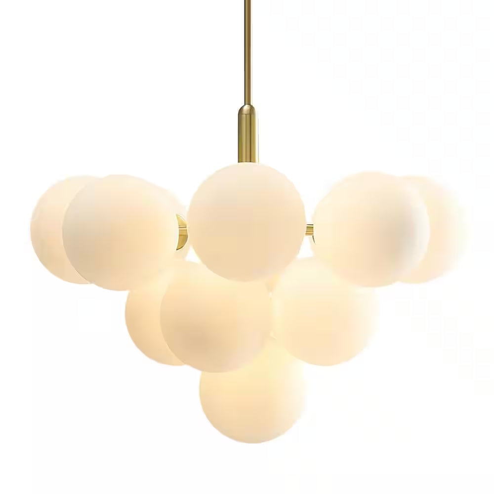 13-Light Brass Mid Century Modern Bubble Globe Chandelier Cluster Pendant Lighting Fixture with Milk White Glass Shade