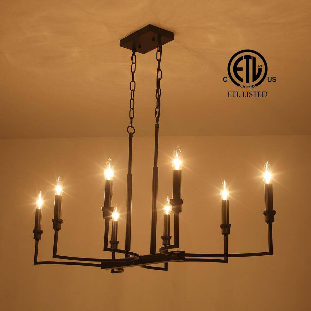 Industrial 8-Light Black Linear Classic-Candle-Style Chandelier for Kitchen Island with No Bulbs Included
