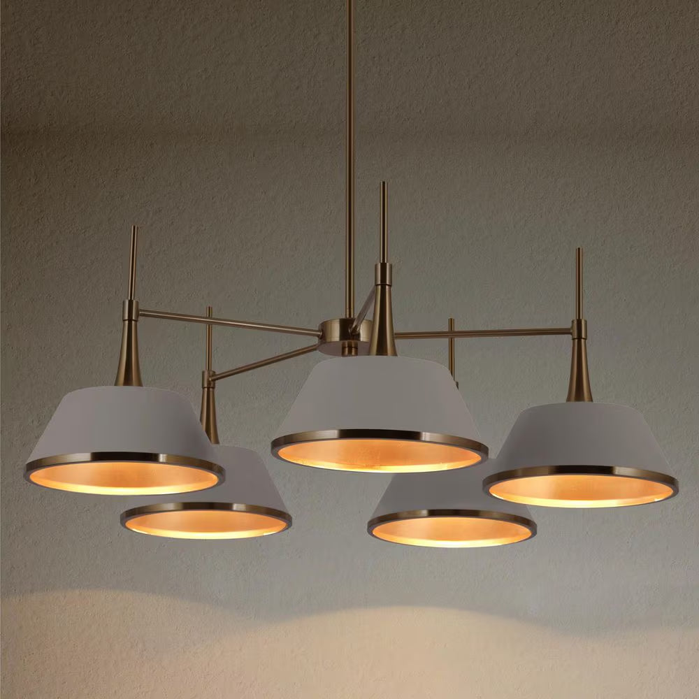 Modern 5-Light Matte White and Plated Brass Chandelier Contemporary Island Ceiling Light with Bell Shade for Living Room