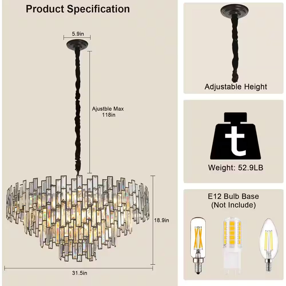 31.5" Modern Chandelier 19-Light 4-Tier Black round K9 Crystal Chandelier for Dining Room,Living Room,Entryway and Foyer
