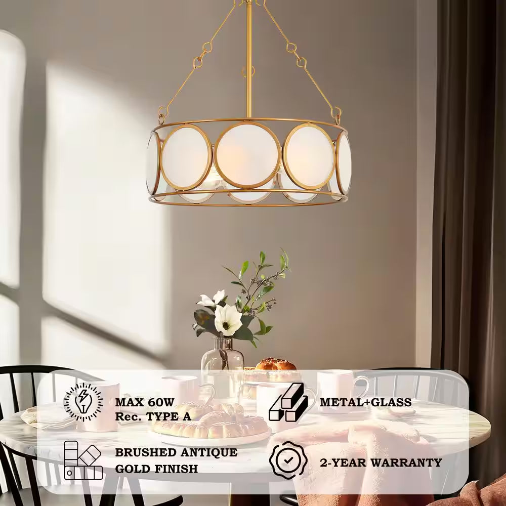 3-Light Antique Gold Modern Pendant Light, Frosted Glass round Chandelier, Transitional Dining Room Drum Chandelier