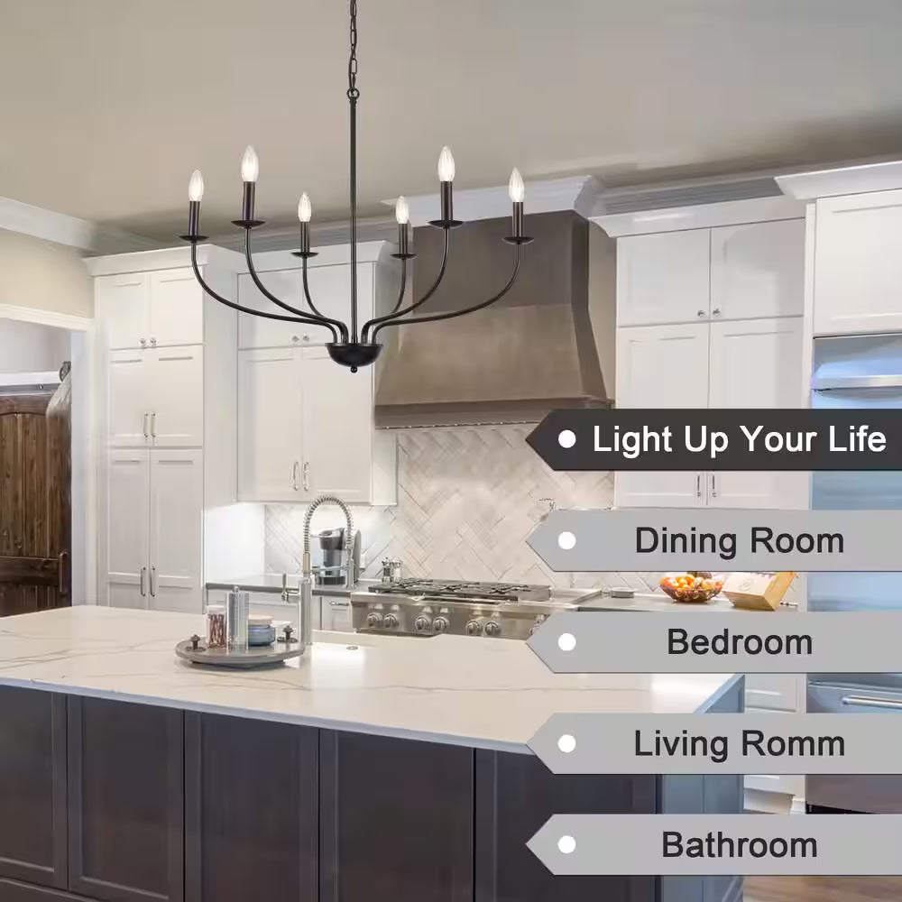 6-Light Black Linear Chandelier for Dining Room, French Country Candlestick Chandelier