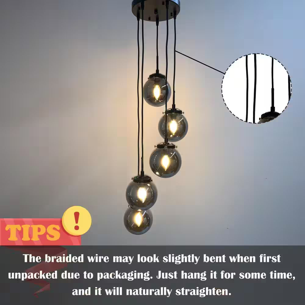 5-Light Modern Antique Gold Staircase Chandelier Clear Globe Bubble Glass Foyer Pendant