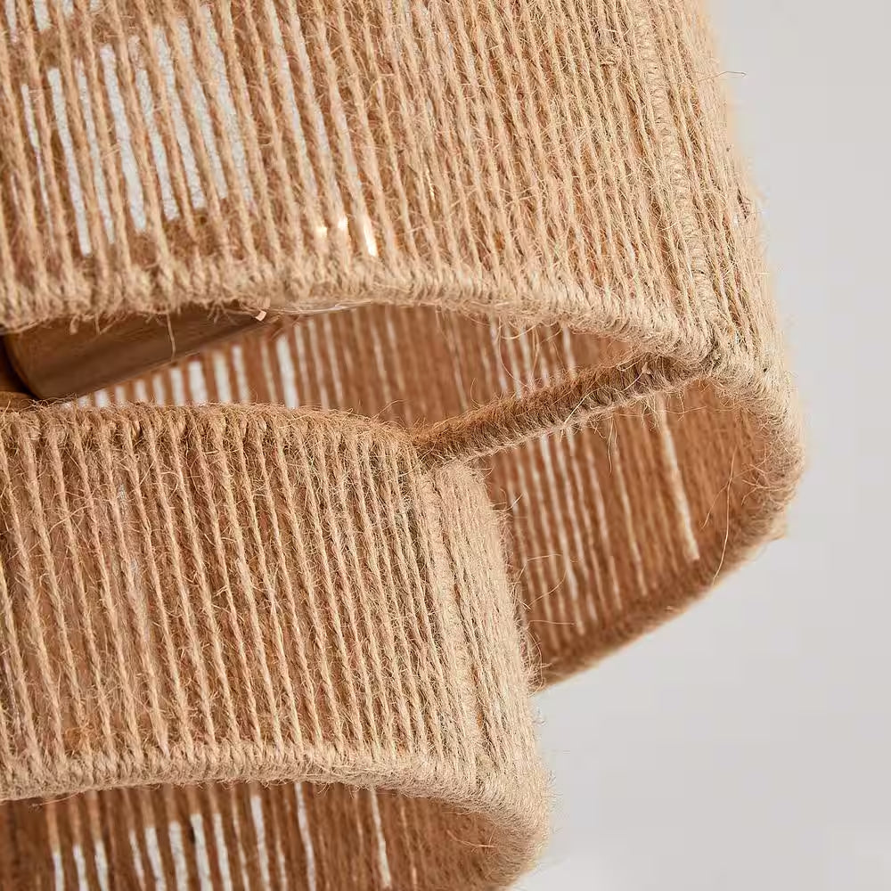 15.4 In. 3-Light Bohemian Antique Gold Two-Tier Drum Semi- Flush Mount with Natural Jute Rope Shade