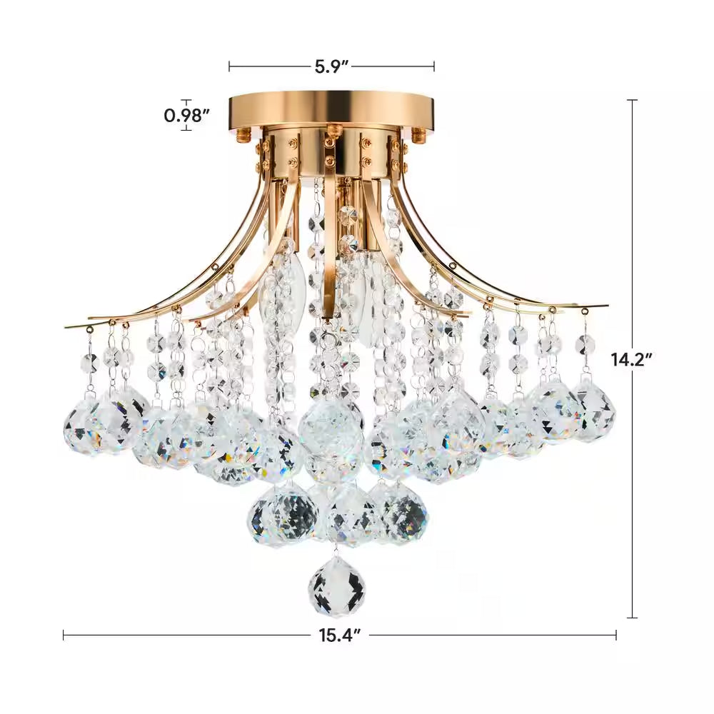 15.4 In. 3-Light Gold Crystal Chandelier Flush Mount Ceiling Light Fixture