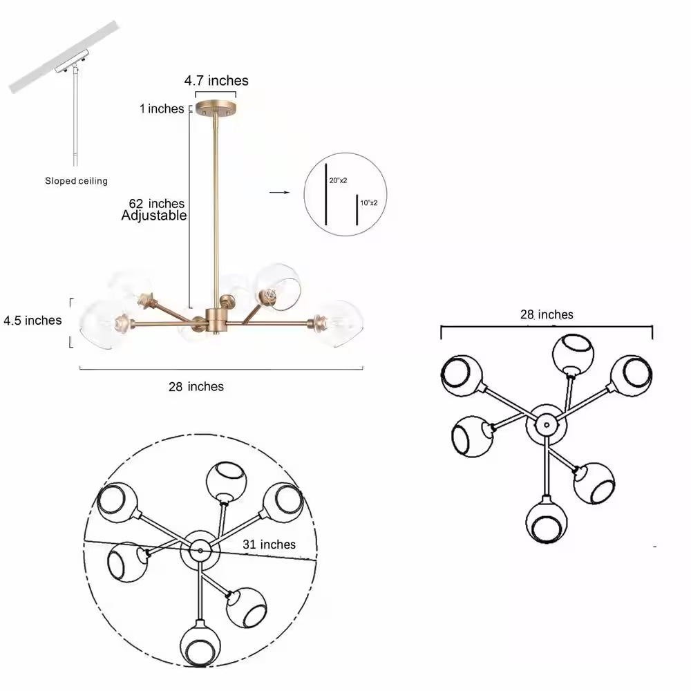 Modern Gold Dining Room Chandelier, Bubble 31.5 In. 6-Light Farmhouse Sputnik Bedroom Chandelier with Clear Glass Shades