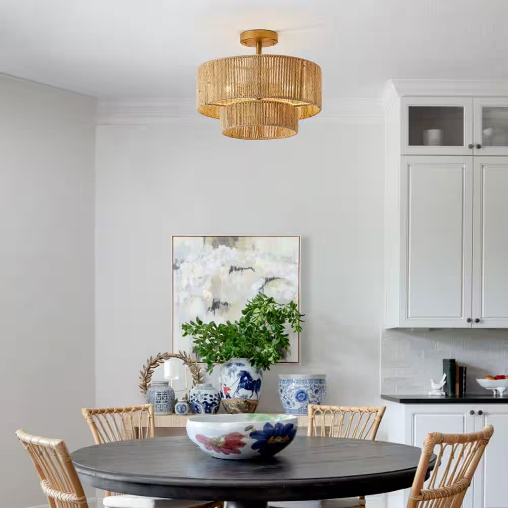 15.4 In. 3-Light Bohemian Antique Gold Two-Tier Drum Semi- Flush Mount with Natural Jute Rope Shade