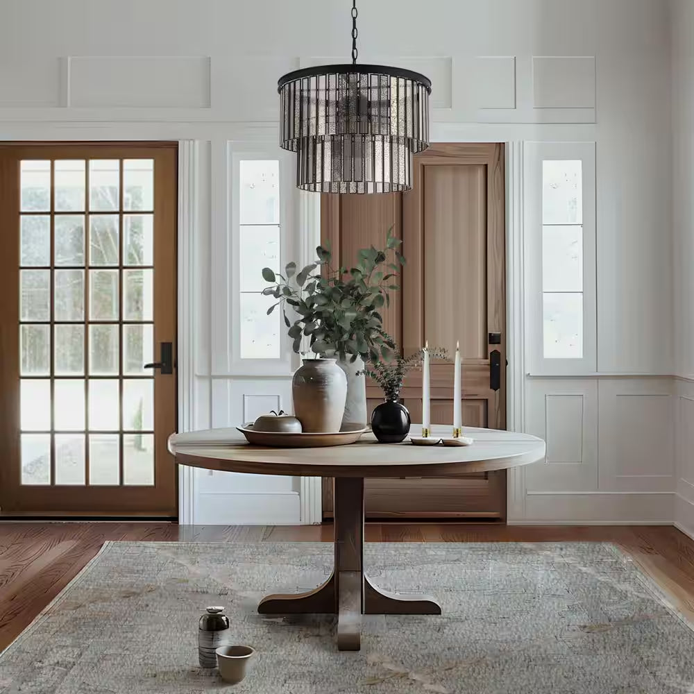 Hemera 4-Light Black Modern Drum Chandelier with 2-Tier Plated Mercury Glass Shade Living Room Silvered Hanging Light