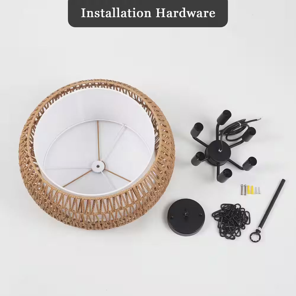 6-Light Black Bohemian Drum Chandelier with Straw Woven Shade for Kitchen Island