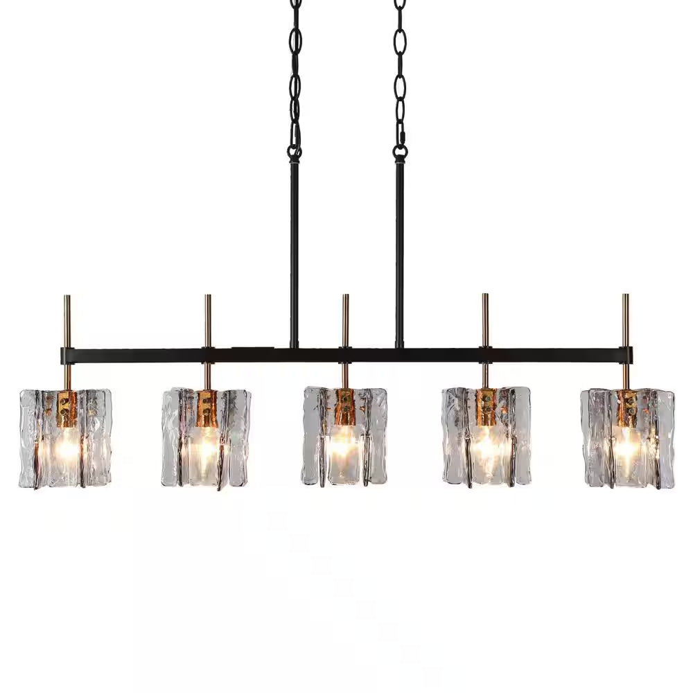 Echonalyri Modern 5-Light Glam 35.4 In. W Black and Brass Island Chandelier with Geometric Gray Textured Glass Shades